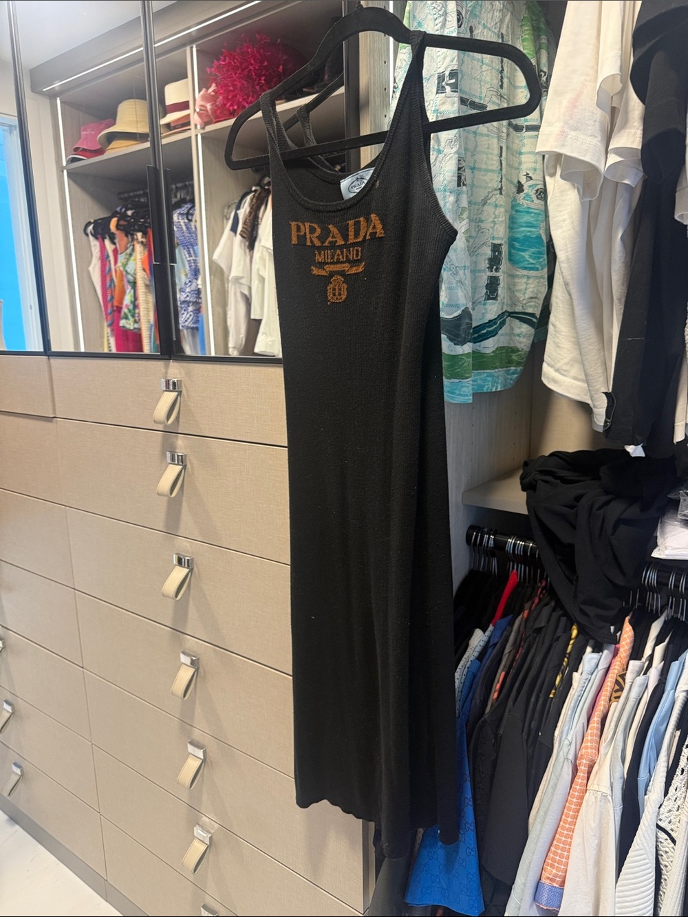 Black Maxi Knit Dress with Gold Logo Detail